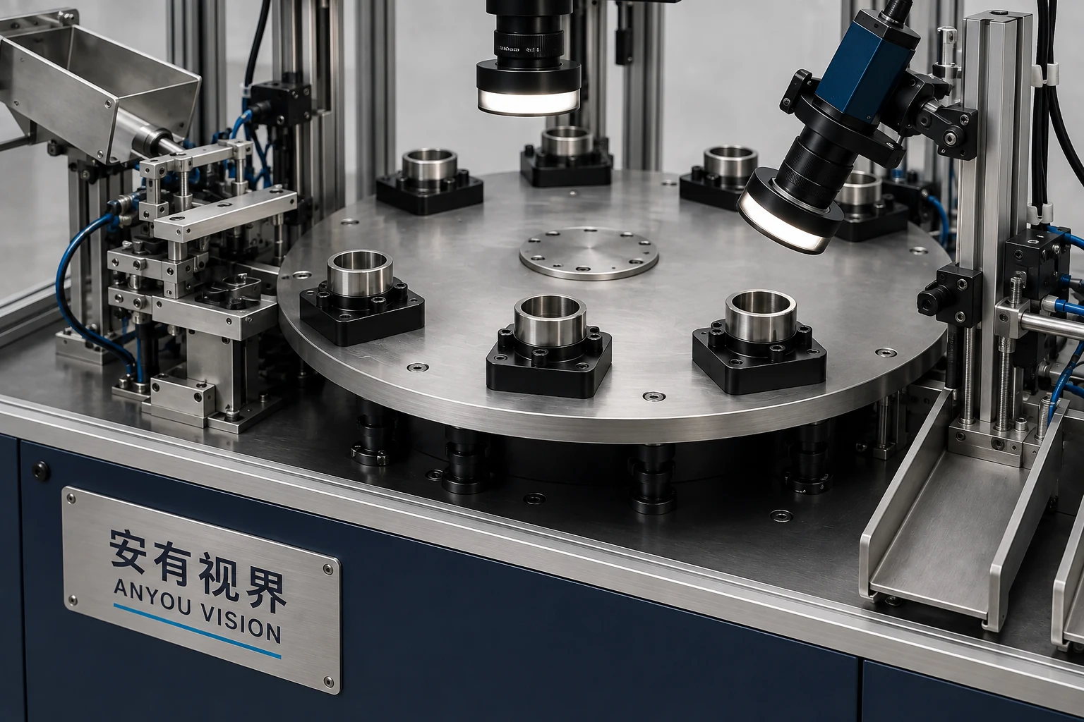 分度转盘治具与相机工位方案示意|安有视界;结构与配置以项目确认方案为准。