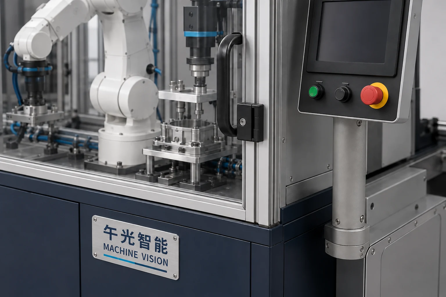机器人视觉检测工作站 · 防护门与操作区方案示意