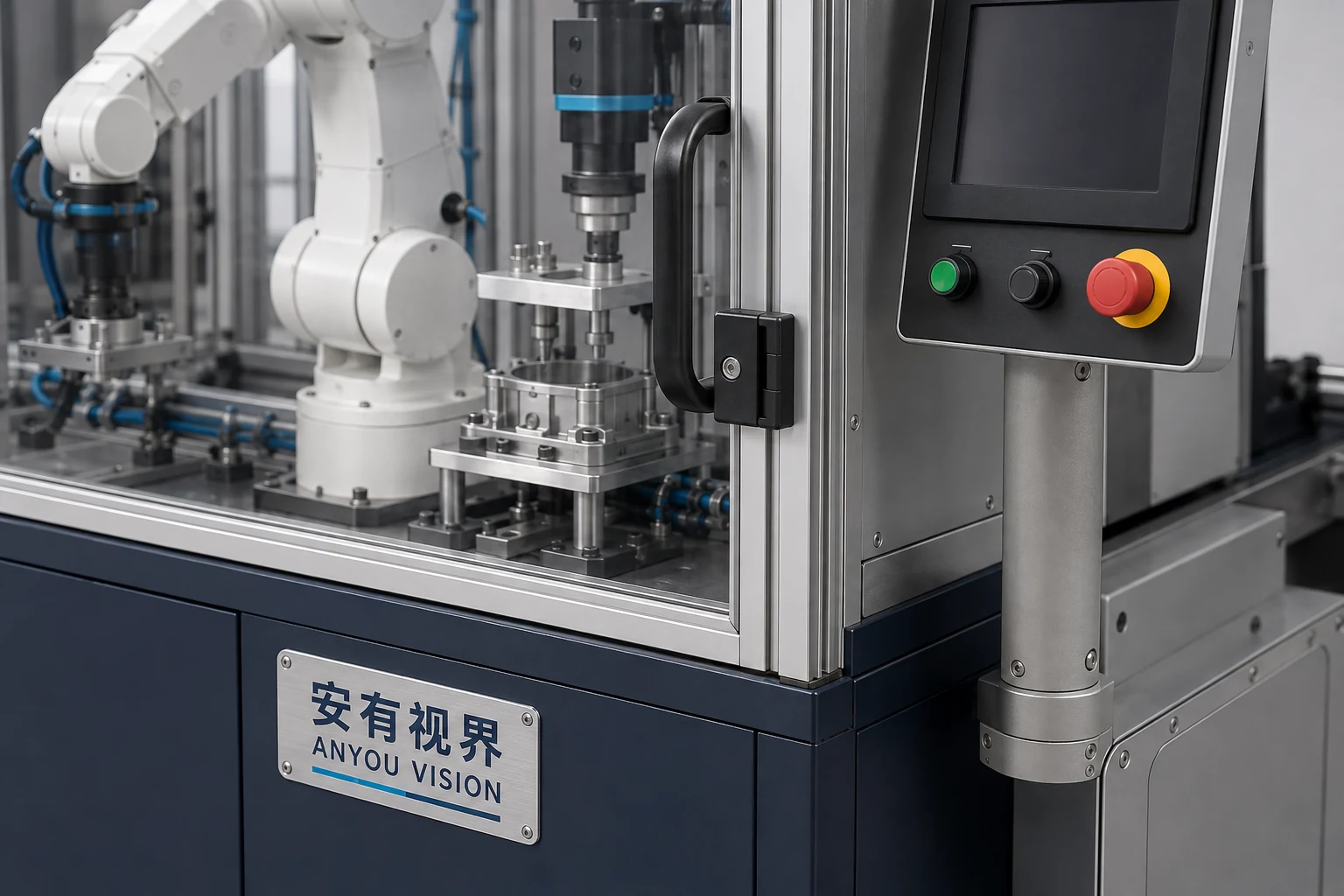 机器人视觉检测工作站 · 防护门与操作区方案示意